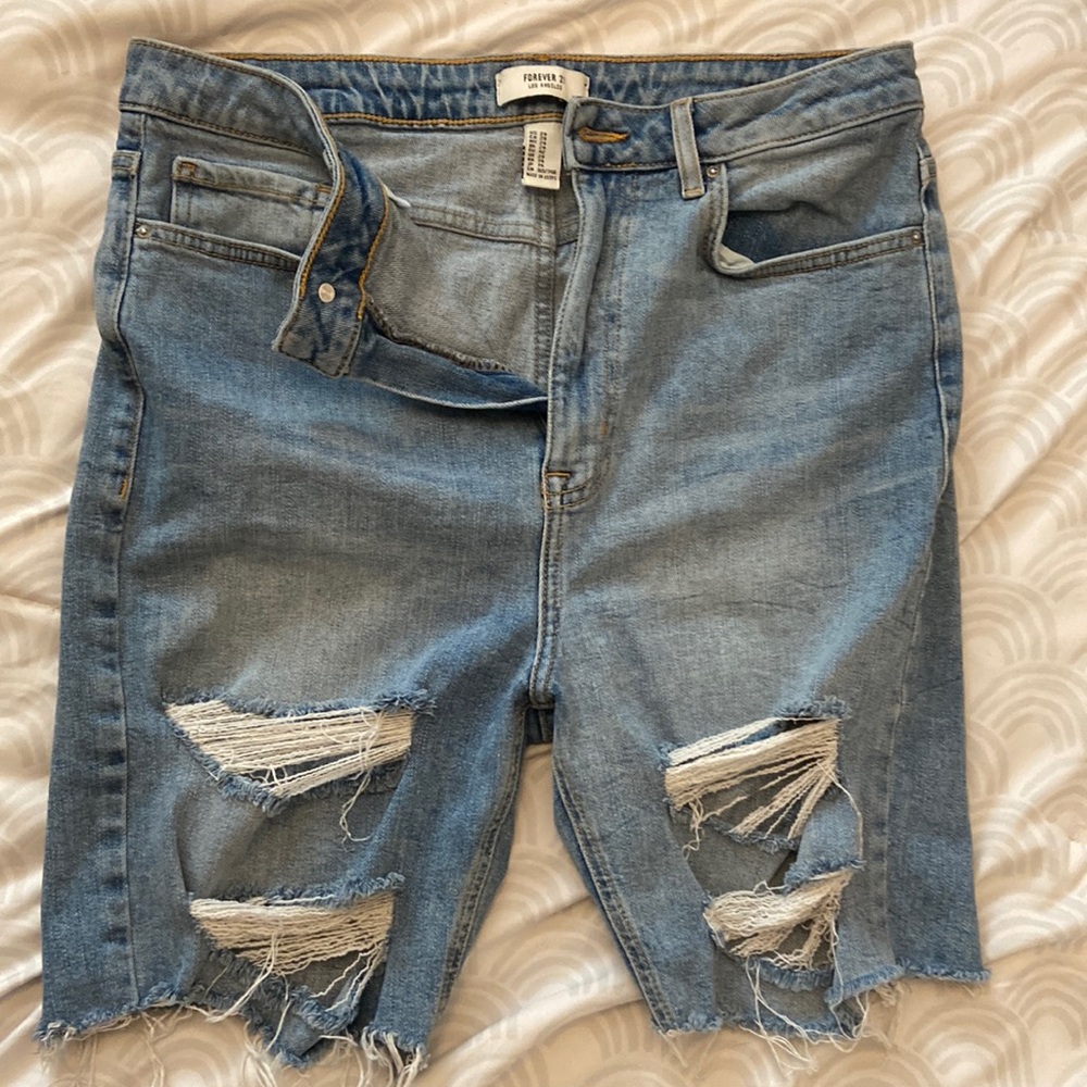 F21 Distressed Denim High-rise Biker Shorts